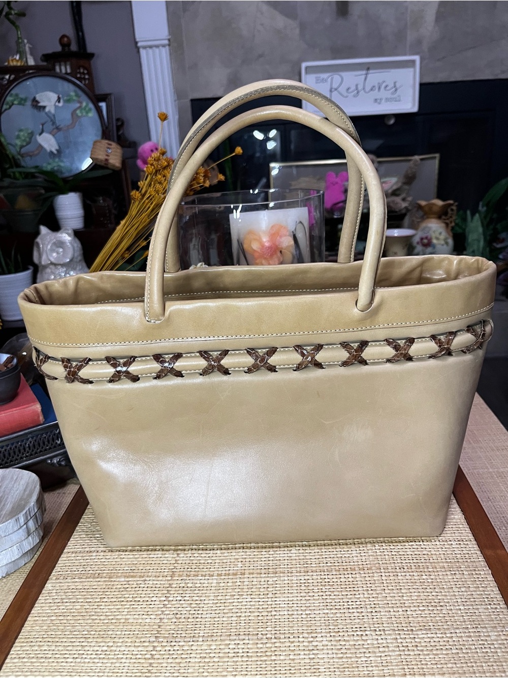 Italian leather handbag with Woven Trim- Rare‎